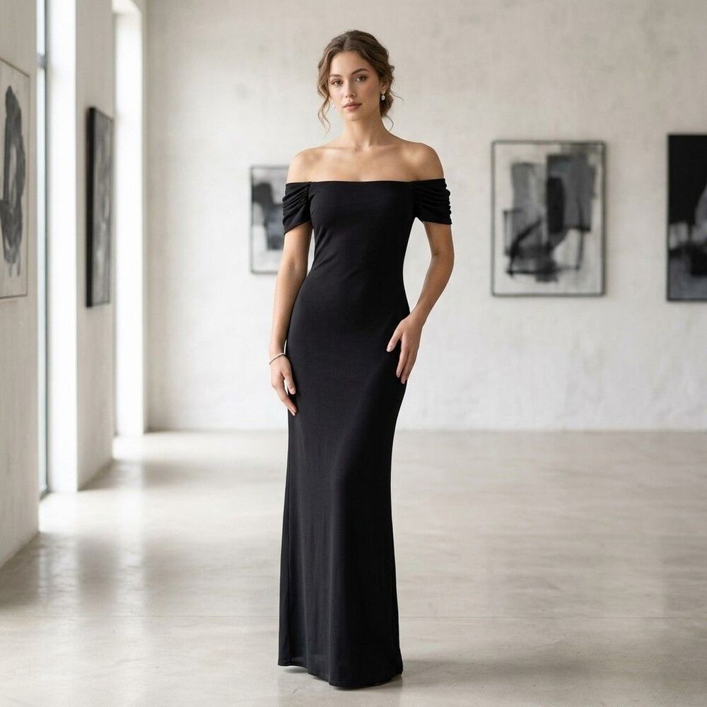 VTG 90s Laundry Shelli Segal Off Shoulder Black Maxi Dress 2 Formal Elegant